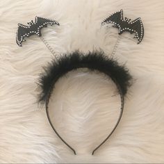 Condition: Like Brand New, Only Worn Once! Color: Black, With Silver Accents Material: Plastic Headband Piece & Feather-Like Details On Top Details: Super Cute Bat Headband! The Bats Have Little Silver Gems For Added Detail Plastic Headband, Cute Bat, Halloween Event, Halloween Bats, Silver Accents, Black Silver, Bat, Super Cute, Hair Accessories