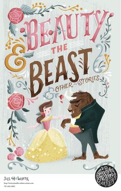 beauty and the beast poster with an image of a bear in a dress holding onto a princess's hand