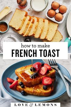 french toast with strawberries and blueberries on top, next to other breakfast foods