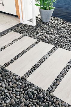 an outdoor area with rocks and plants next to the water