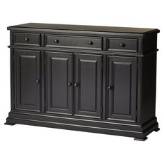 a black cabinet with three doors and two drawers