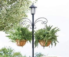 two hanging planters with plants in them on a pole