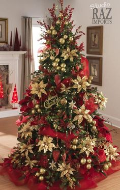 a christmas tree decorated with red and gold decorations