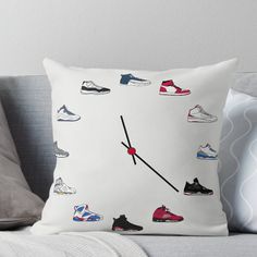 Super soft and durable 100% spun polyester Throw pillow with double-sided print. Cover and filled options. My take on the Jordan Clock, inspired by some of my favorite colorways! Jordan Clock, Jordan Sneaker, Buy Jordans, A Pillow, Jordans Sneakers, Pillow Sale, Throw Pillow, Double Sided, My Favorite