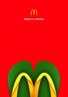 a mcdonald's logo on a red background with green and yellow flip flops