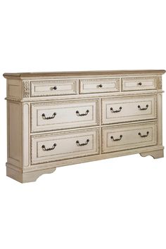 an old white dresser with drawers and handles on it's sides, against a white background