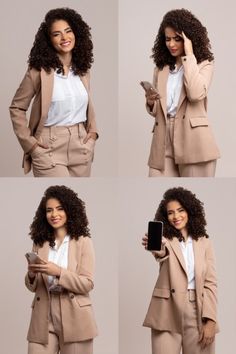 four different images of a woman in business attire holding a cell phone and looking at the camera