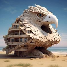 an eagle statue sitting on top of a sandy beach next to the ocean with a building in the background