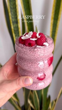 a hand holding a small jar filled with raspberry chia pudding and topped with fresh raspberries