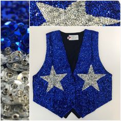 The Blue Cowboy Sequin Vest with Silver Stars is handmade, and made before 2000. The front of the vest is covered with high quality sequins and the back is a 100% black polyester. The last product photo is a size chart for you to determine the best size. Please note that the size may vary by about 1 inch, give or take. Sequin Vest, Silver Stars, Clothing Items, 1 Inch, Gender Neutral, Cowboy, Hip Hop, Size Chart, Adult Outfits