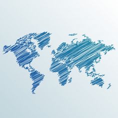 a drawing of the world map on a white background with blue grungy lines