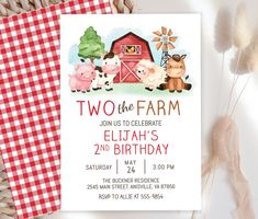 two farm animals birthday party card with red gingham tablecloth