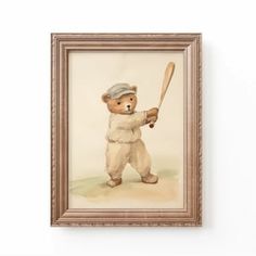 a painting of a teddy bear holding a baseball bat in front of a white wall