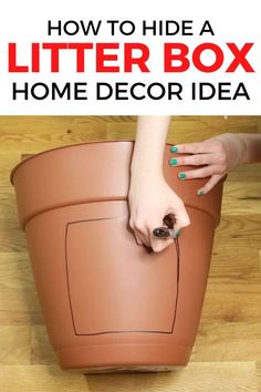 a woman is holding a flower pot with the words how to hide a litter box home decor idea