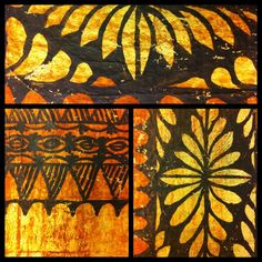 three pictures of different designs on a piece of wood with orange and black paint,