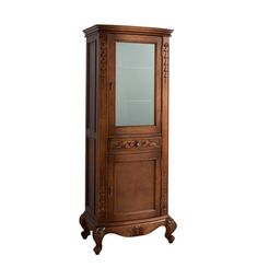 a tall wooden cabinet with glass doors