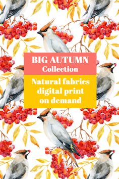 the big autumn collection features watercolor birds on red berries and yellow leaves, with text overlay