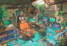 this is an image of a computer room with plants on the desk and other items