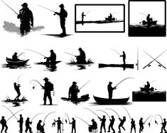 silhouettes of people fishing in the water and on boats, with one man holding a fish