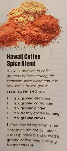 a recipe book with instructions on how to make coffee and spice blends in it