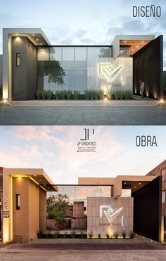 two different views of a modern house at dusk and dawn, with the words diseno above it