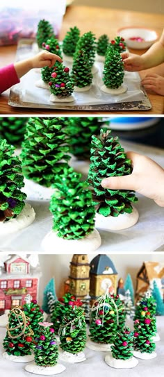 pine cones are being made to look like christmas trees, and then they have been decorated with