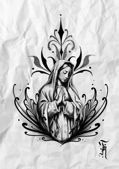 a black and white drawing of the virgin mary with an ornate design on it's face