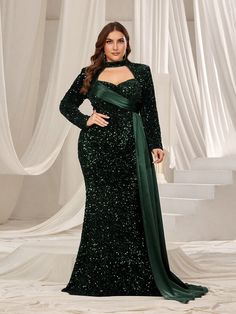 Dark Green  Collar Long Sleeve Sequins Colorblock,Plain,All Over Print Fitted Embellished Slight Stretch Fall/Winter Weddings & Events Velvet Sequin Dress, Emerald Green Formal Dress, Sequence Gown, Emerald Green Gown, Plus Prom Dresses, Sequin Mermaid Dress, Green Formal Dresses, Green Gown, Long Sleeve Sequin