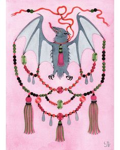 a drawing of a dragon with beads and tassels around it's neck