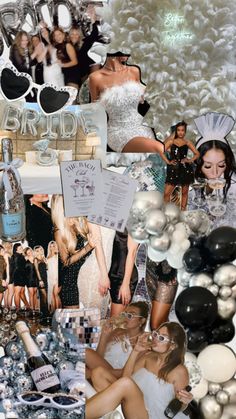 a collage of photos with people dressed up in black and white, including champagne