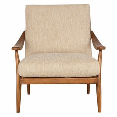 a wooden chair with beige upholstered fabric