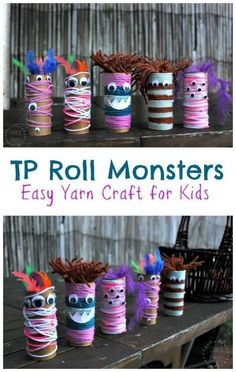 the top roll monsters craft for kids is made with yarn and paper rolls, while the bottom