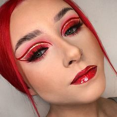 Creative Red Makeup Looks, Black And Red Graphic Liner, Red Lipgloss Makeup, Red Rhinestone Makeup, Red Graphic Eyeliner, Fire Eyeliner, Red Graphic Liner, Red Eyeshadow Makeup