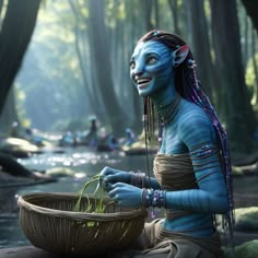 a woman with blue paint on her face sitting next to a basket filled with grass