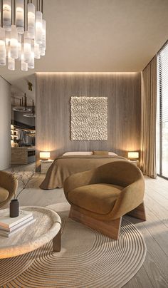 a bedroom with a bed, two chairs and a round coffee table in the middle