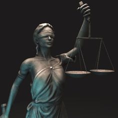 a statue of lady justice holding the scales of justice in front of a black background