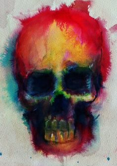 a watercolor painting of a skull with red and yellow paint on it's face