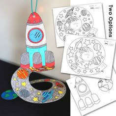 this is an image of a rocket ship with space drawings on it and coloring pages