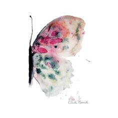 a watercolor painting of a butterfly with pink and green spots on it's wings