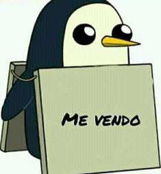 a penguin holding a bag with the words me vendo in it's mouth