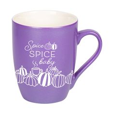 a purple coffee mug with white lettering on it that says spice baby and pumpkins