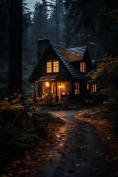 a house in the woods lit up at night with lights shining on it's windows