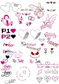 various tattoos with hearts, arrows and other symbols on them are shown in different colors