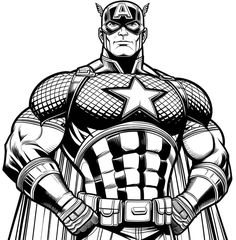 a black and white drawing of captain america standing with his hands on his hipss