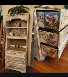 two old dressers sitting next to each other on top of a hard wood floor