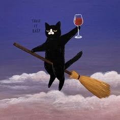 a painting of a black cat flying on a broom with a glass of wine in it