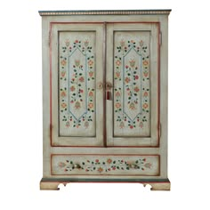 an old painted cabinet with flowers and leaves on the doors, isolated against a white background