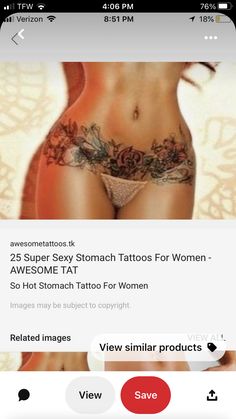 an image of a woman's stomach with tattoos on the side and other images