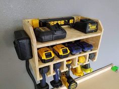 a wooden shelf with tools on it