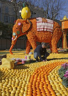 a man kneeling down next to an elephant made out of oranges